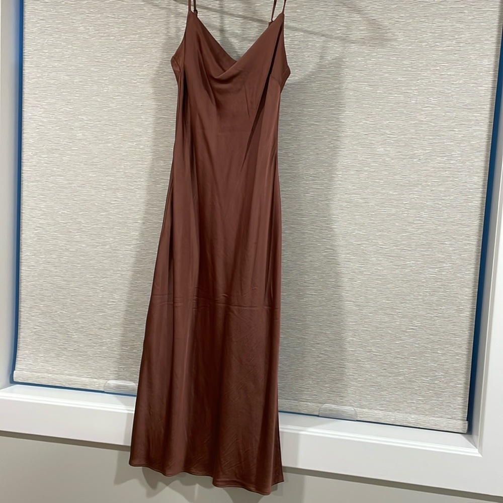 Brown Cowl Neck Silk Dress